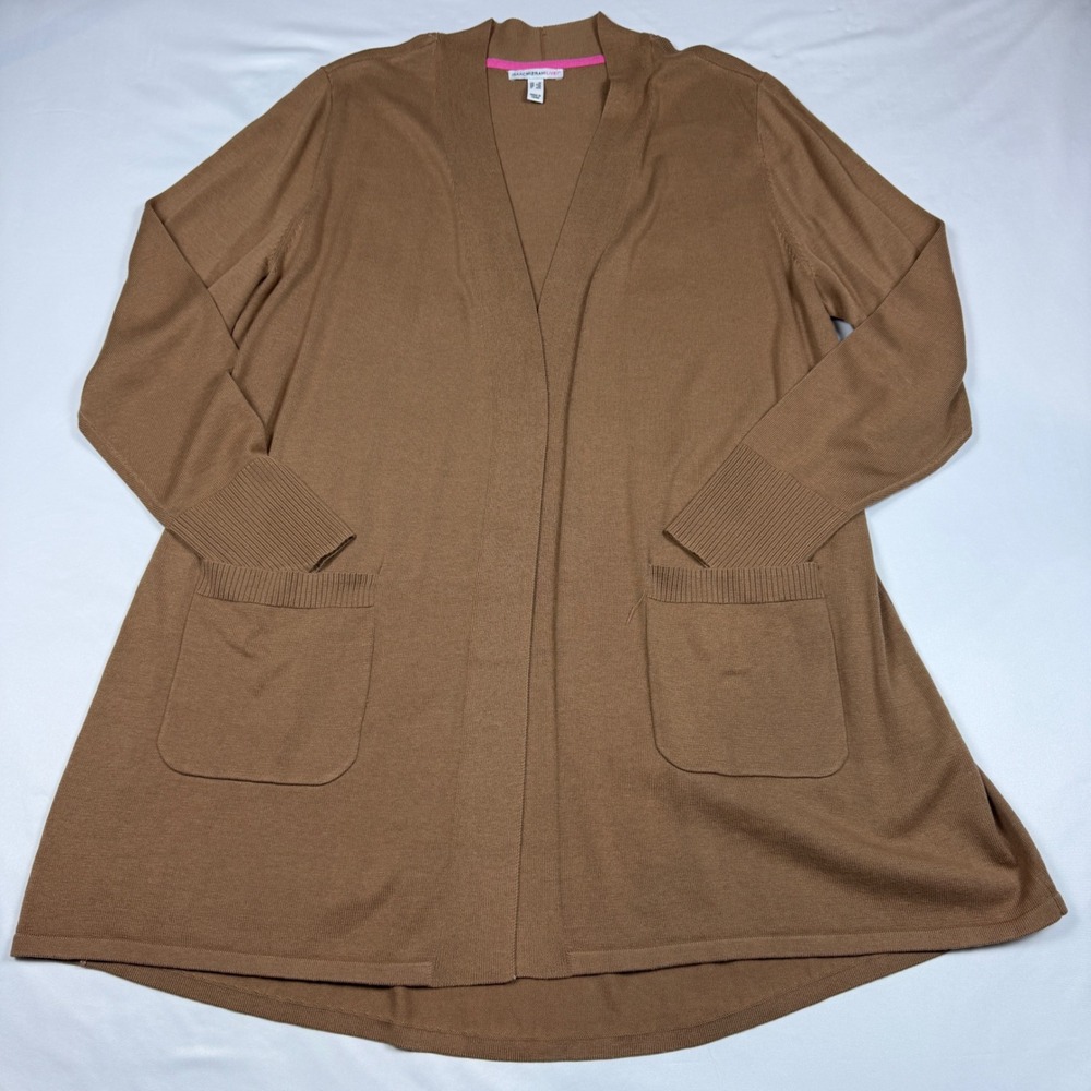 Isaac Mizrahi Live Cardigan Womens 1X Brown Open Front Long Tunic Pockets